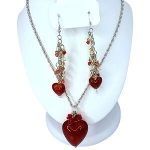 Red Heart Crystal Glass Necklace Set Earrings Cluster Pierced Valentine Love